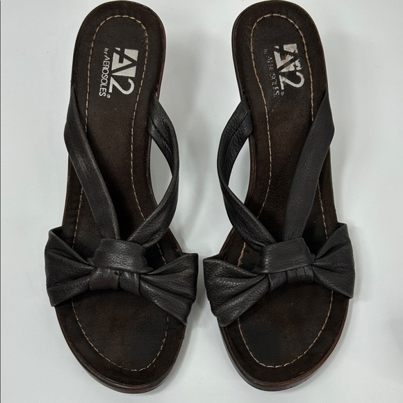 A2 By Aerosoles Shoes - Vtg A2 By Aerosoles Women's Sz 8.5 Brown Bow Knotted Heels Sandals Slip On Slide